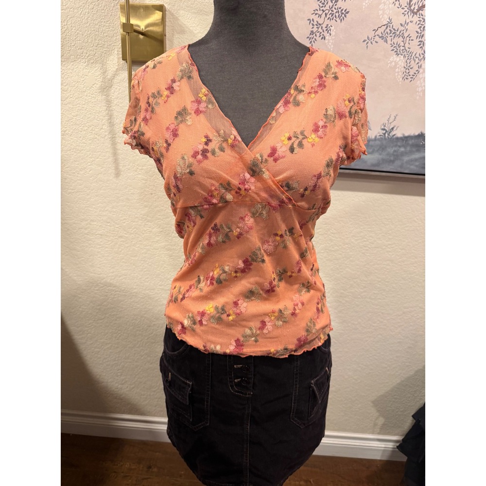 Things Contempo Peach Floral Mesh Embroidered V-Neck Top Vintage Style Short Slv
